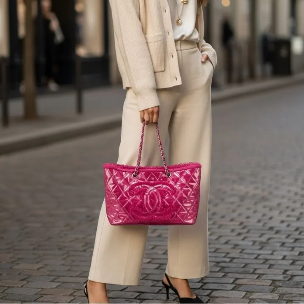 Chanel Pink Tweed Quilted Vinyl Medium Shoulder Tote Bag